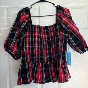 NWT Draper James Red & Black Tartan Plaid Smocked Peplum Top Puff Sleeves Large
